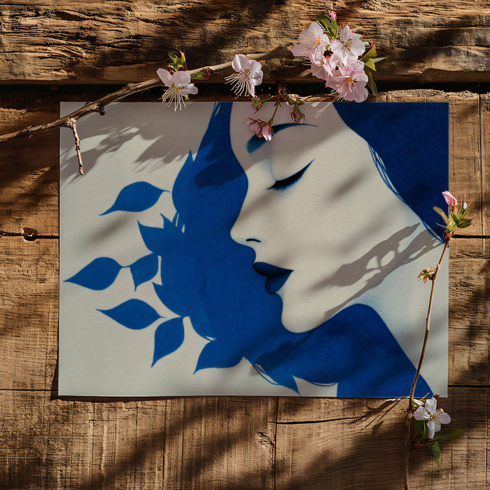 Graphic Blue Leaf Profile Mural Wallpaper | Minimalist Female Silhouette, Modern Organic Art