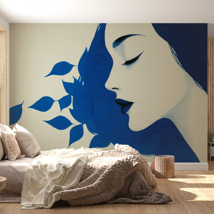 Graphic Blue Leaf Profile Mural Wallpaper | Minimalist Female Silhouette, Modern Organic Art