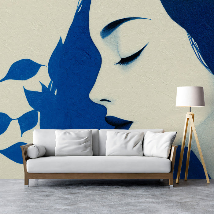 Graphic Blue Leaf Profile Mural Wallpaper | Minimalist Female Silhouette, Modern Organic Art