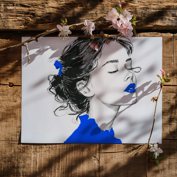 Minimalist Fashion Sketch Blue Accents Mural Wallpaper | Haute Couture Illustration, Chic Feminine Art