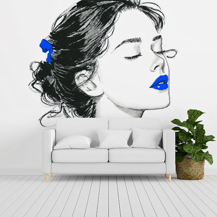 Minimalist Fashion Sketch Blue Accents Mural Wallpaper | Haute Couture Illustration, Chic Feminine Art