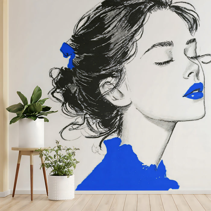 Minimalist Fashion Sketch Blue Accents Mural Wallpaper | Haute Couture Illustration, Chic Feminine Art