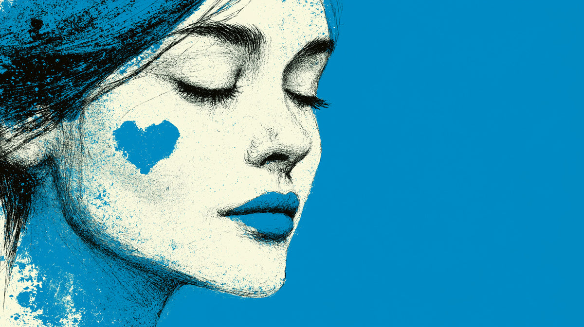 Urban Pop Art Heart Portrait Mural Wallpaper | Gritty Blue Graphic, Street Style Feline Beauty
