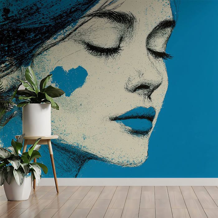 Urban Pop Art Heart Portrait Mural Wallpaper | Gritty Blue Graphic, Street Style Feline Beauty