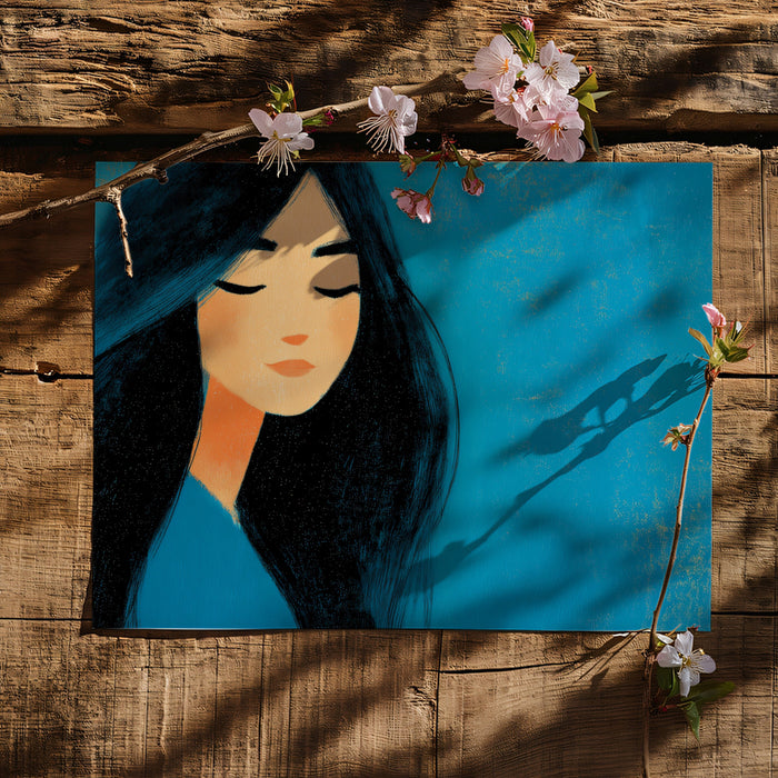 Dreamy Blue Dreamer Illustration Mural Wallpaper | Pastel Teal Tones, Serene Feminine Spirit