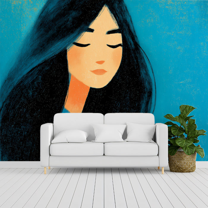 Dreamy Blue Dreamer Illustration Mural Wallpaper | Pastel Teal Tones, Serene Feminine Spirit