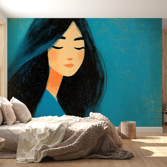 Dreamy Blue Dreamer Illustration Mural Wallpaper | Pastel Teal Tones, Serene Feminine Spirit