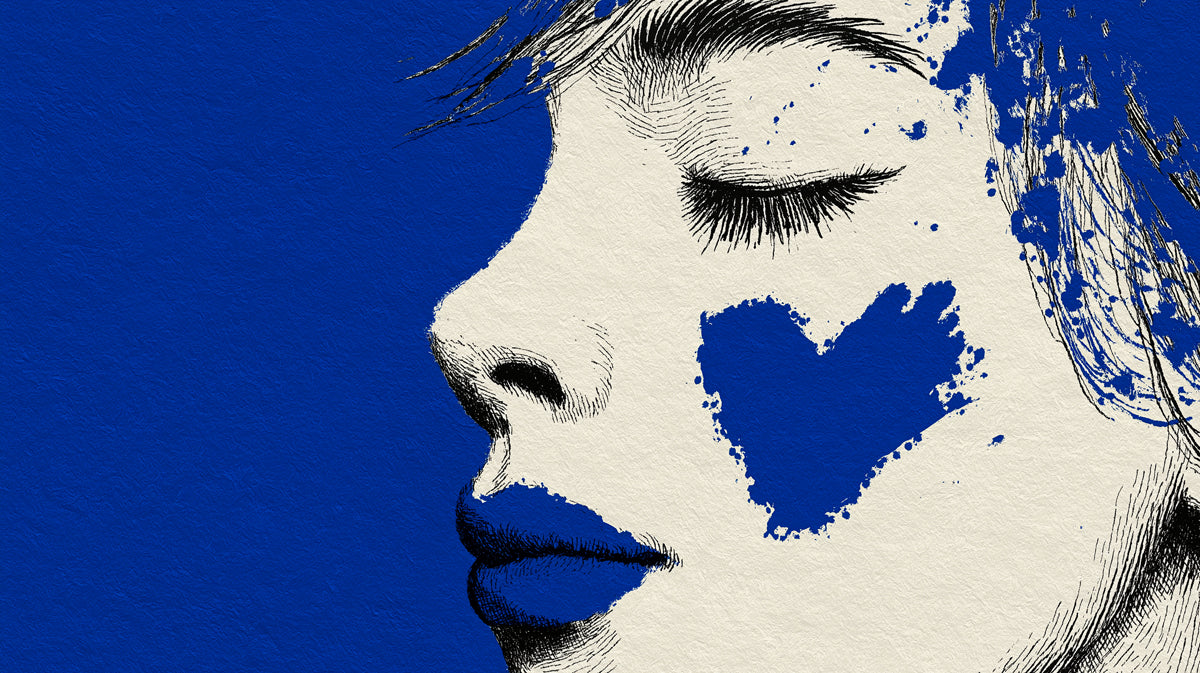Textured Blue Heart Pop Art Mural Wallpaper | High Contrast Street Portrait, Moody Modern Graphic
