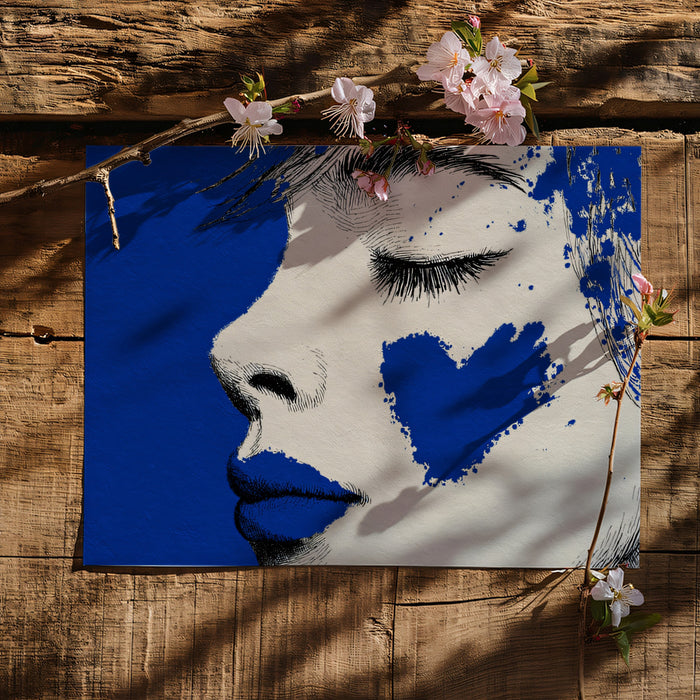 Textured Blue Heart Pop Art Mural Wallpaper | High Contrast Street Portrait, Moody Modern Graphic