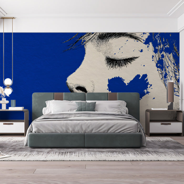 Textured Blue Heart Pop Art Mural Wallpaper | High Contrast Street Portrait, Moody Modern Graphic