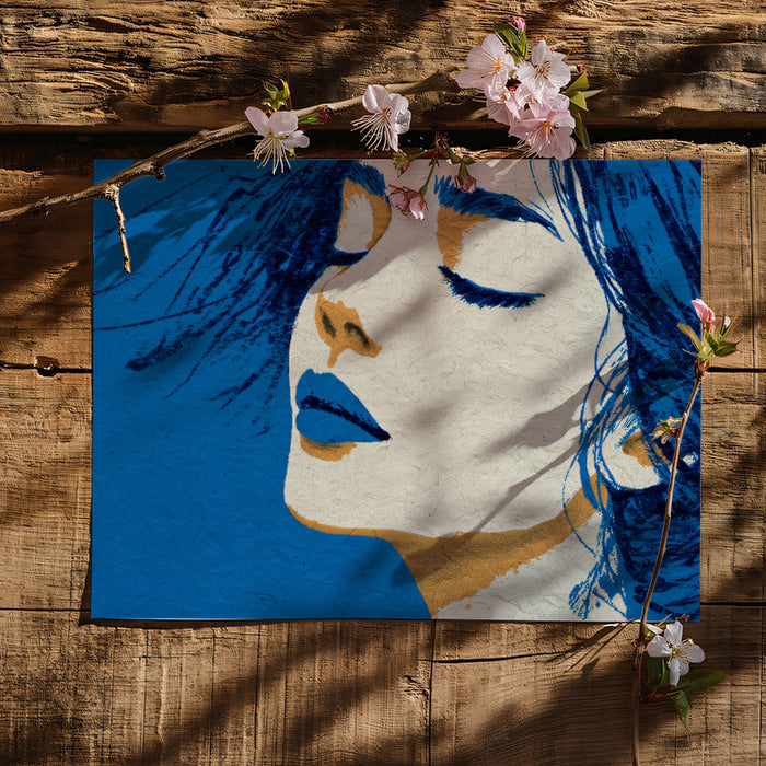 Vibrant Blue Pop Art Woman Portrait Mural Wallpaper | Textured Graphic Silhouette, Modern Chic