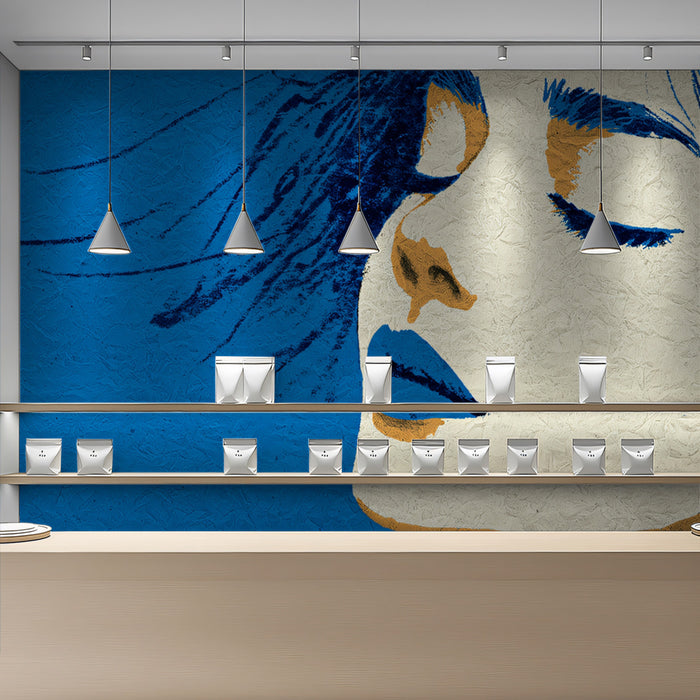 Vibrant Blue Pop Art Woman Portrait Mural Wallpaper | Textured Graphic Silhouette, Modern Chic