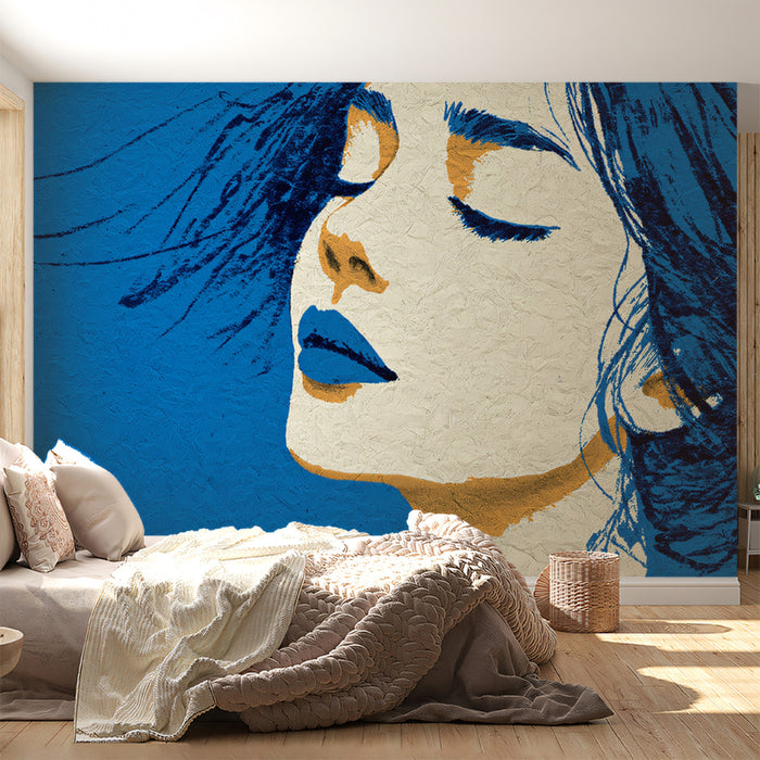 Vibrant Blue Pop Art Woman Portrait Mural Wallpaper | Textured Graphic Silhouette, Modern Chic