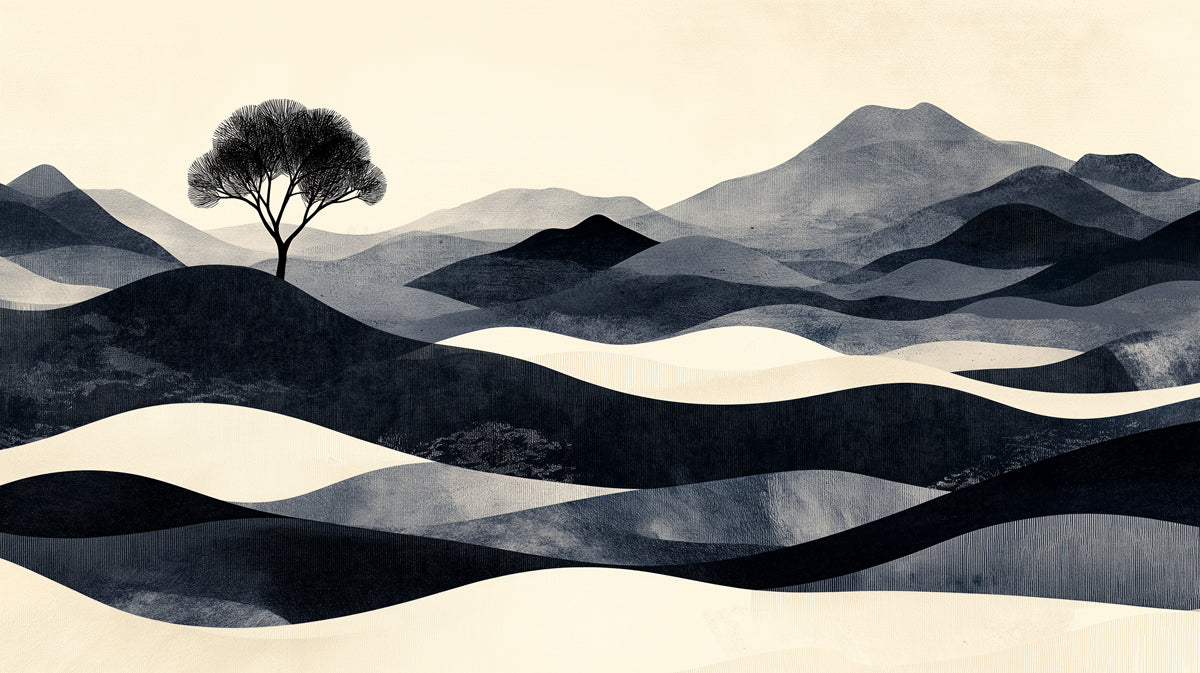 Minimalist Zen Tree & Rolling Hills Mural Wallpaper | Monochrome Wavy Landscape, Contemporary Sepia
