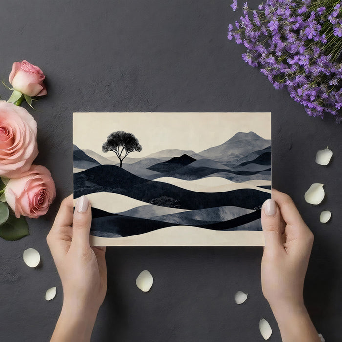 Minimalist Zen Tree & Rolling Hills Mural Wallpaper | Monochrome Wavy Landscape, Contemporary Sepia