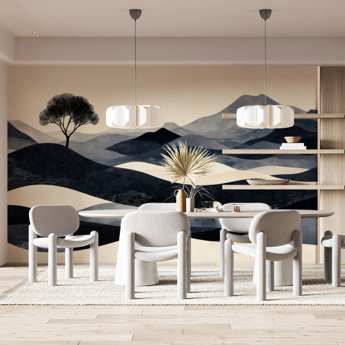 Minimalist Zen Tree & Rolling Hills Mural Wallpaper | Monochrome Wavy Landscape, Contemporary Sepia