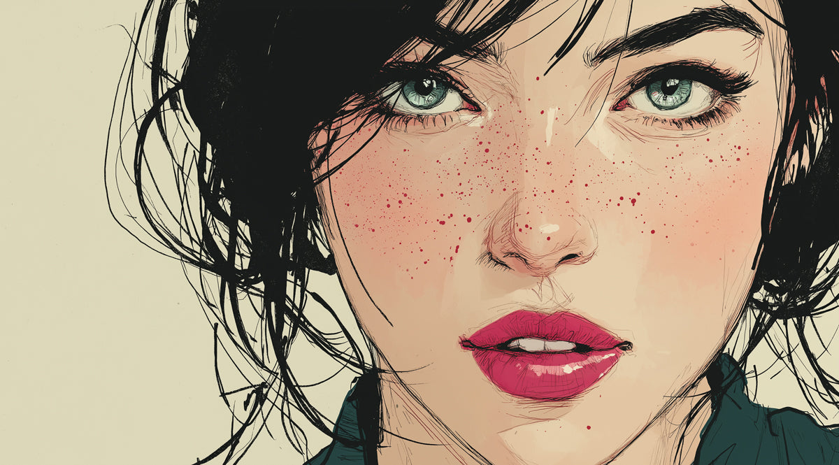 Artistic Freckled Woman Portrait Mural Wallpaper | Expressive Pencil Sketch, Soft Pink Accents