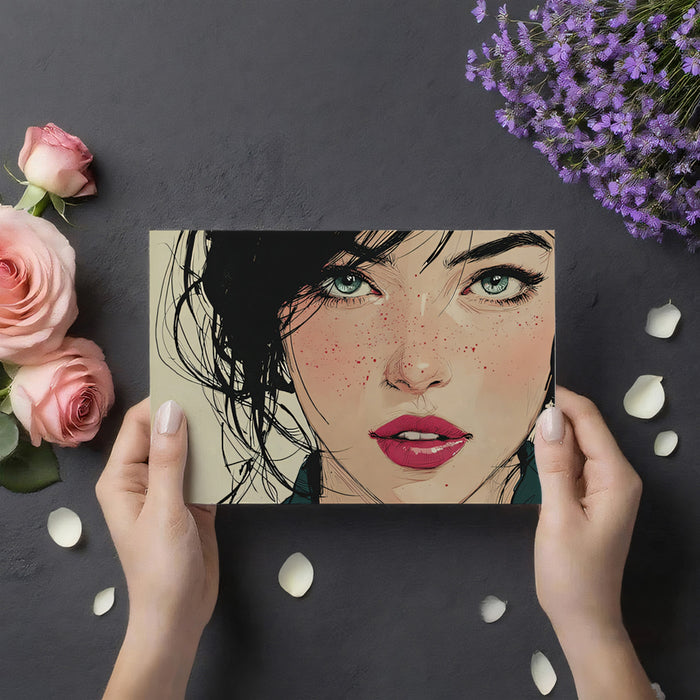 Artistic Freckled Woman Portrait Mural Wallpaper | Expressive Pencil Sketch, Soft Pink Accents