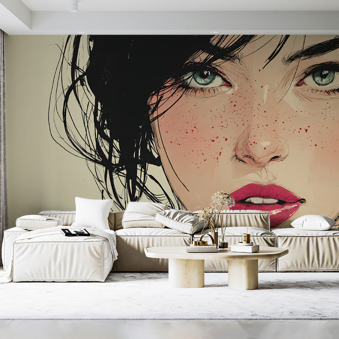 Artistic Freckled Woman Portrait Mural Wallpaper | Expressive Pencil Sketch, Soft Pink Accents