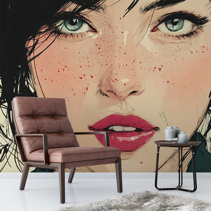 Artistic Freckled Woman Portrait Mural Wallpaper | Expressive Pencil Sketch, Soft Pink Accents