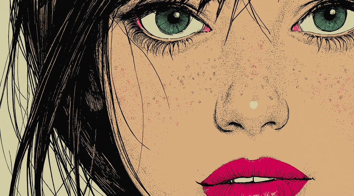 Modern Comic Style Woman Portrait Mural Wallpaper | Bold Linework, High Contrast Teal & Magenta