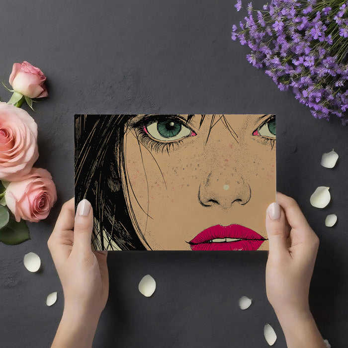 Modern Comic Style Woman Portrait Mural Wallpaper | Bold Linework, High Contrast Teal & Magenta