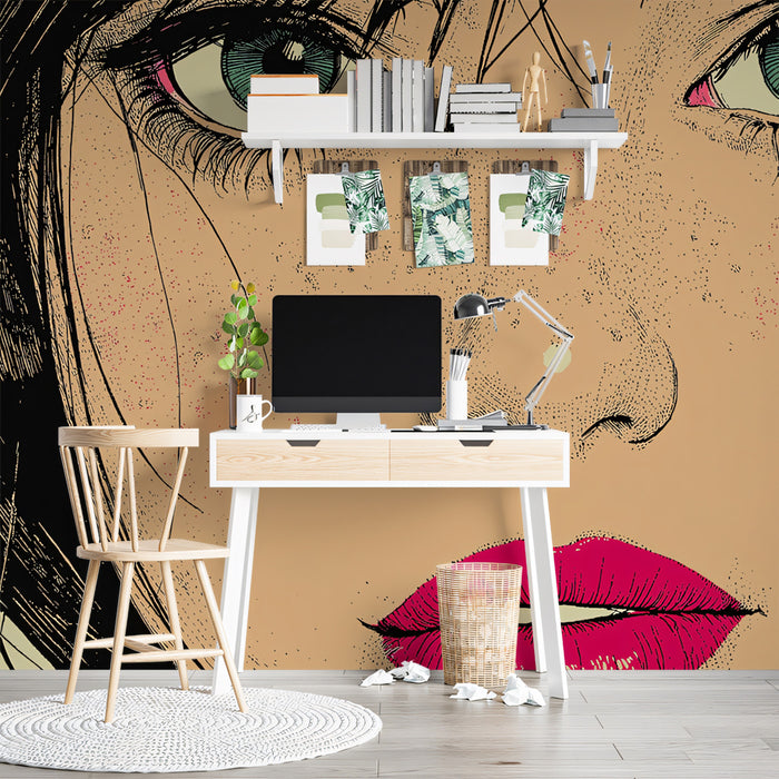 Modern Comic Style Woman Portrait Mural Wallpaper | Bold Linework, High Contrast Teal & Magenta