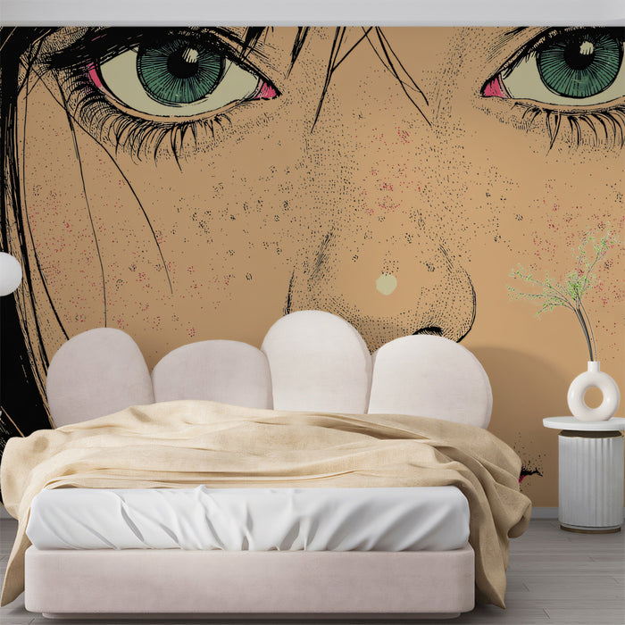 Modern Comic Style Woman Portrait Mural Wallpaper | Bold Linework, High Contrast Teal & Magenta