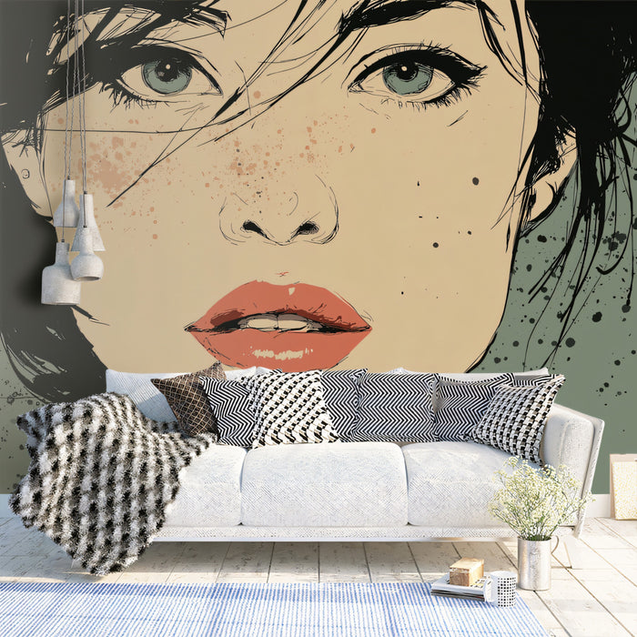 Gritty Urban Fashion Sketch Mural Wallpaper | Freckled Beauty, Muted Sage Background