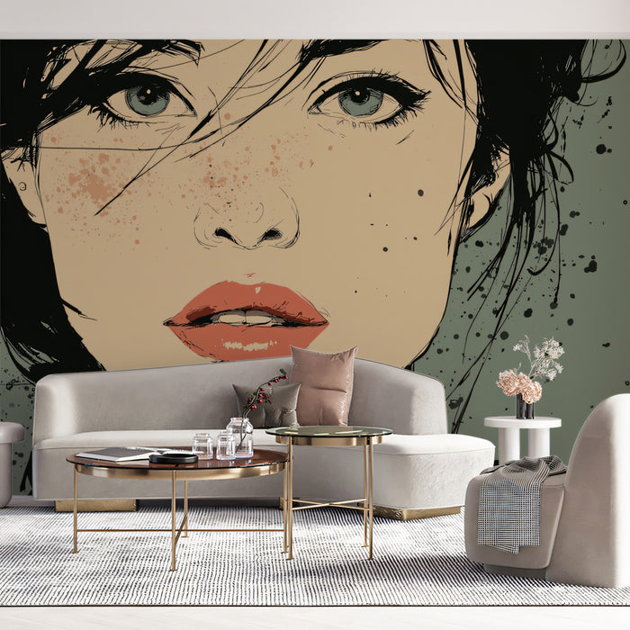 Gritty Urban Fashion Sketch Mural Wallpaper | Freckled Beauty, Muted Sage Background
