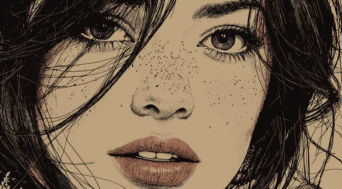 High-Detail Stippling Woman Portrait Mural Wallpaper | Sepia Tone Fine Art, Intricate Pen Sketch