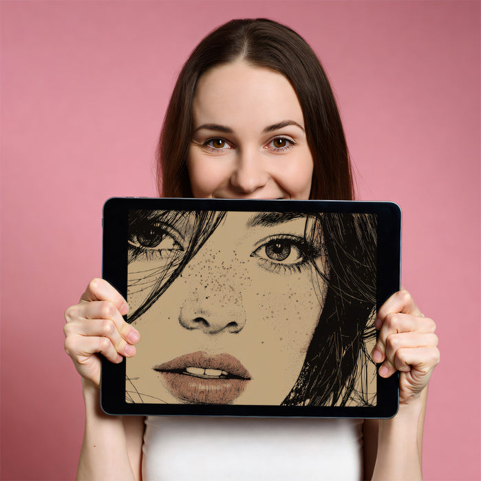 High-Detail Stippling Woman Portrait Mural Wallpaper | Sepia Tone Fine Art, Intricate Pen Sketch