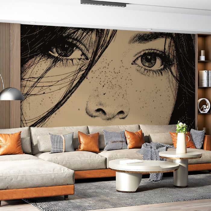 High-Detail Stippling Woman Portrait Mural Wallpaper | Sepia Tone Fine Art, Intricate Pen Sketch