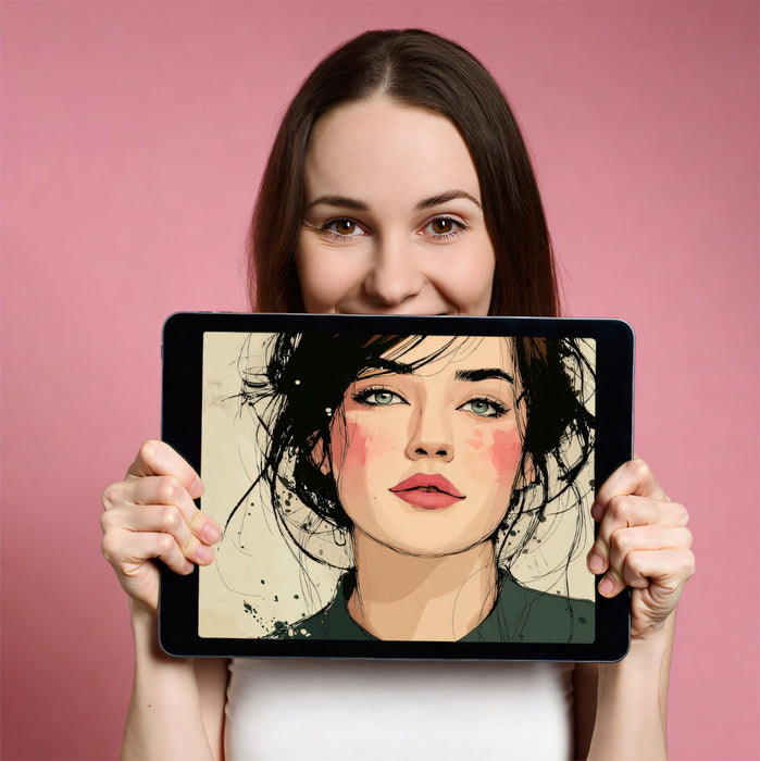 Realistic Illustrated Female Portrait Mural Wallpaper | Soft Watercolor Tones, Romantic Freckled Beauty