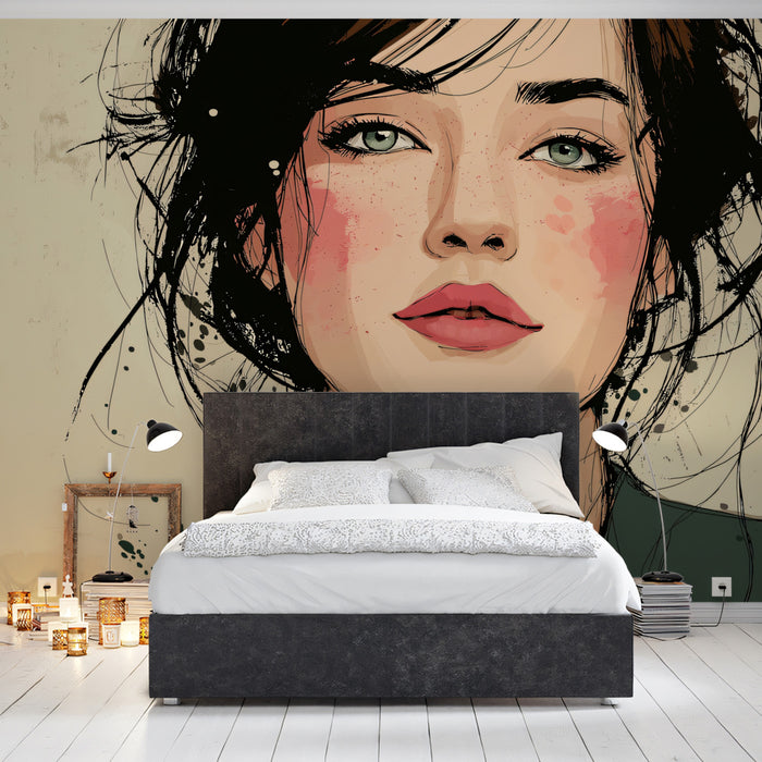 Realistic Illustrated Female Portrait Mural Wallpaper | Soft Watercolor Tones, Romantic Freckled Beauty