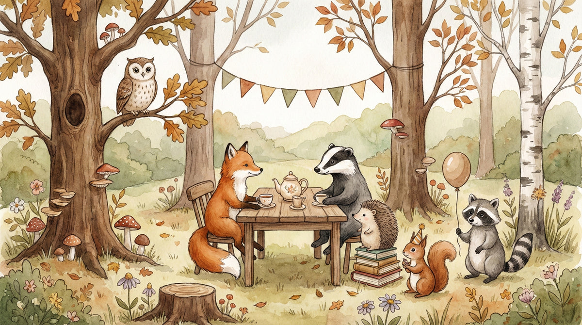 Whimsical Forest Animal Tea Party Mural Wallpaper | Watercolor Woodland Kingdom, Fox and Badger Illustration