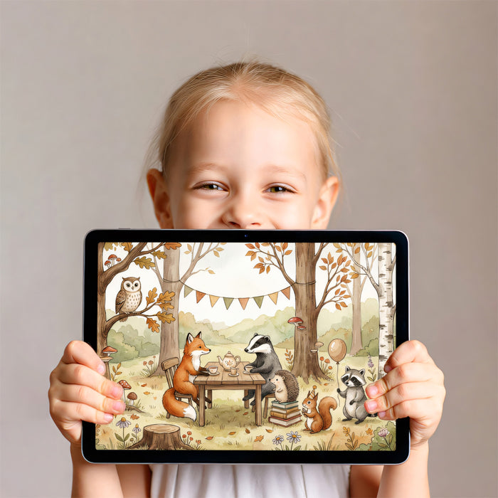 Whimsical Forest Animal Tea Party Mural Wallpaper | Watercolor Woodland Kingdom, Fox and Badger Illustration