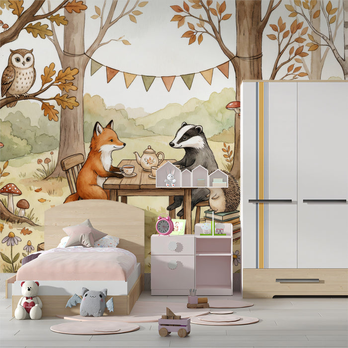 Whimsical Forest Animal Tea Party Mural Wallpaper | Watercolor Woodland Kingdom, Fox and Badger Illustration