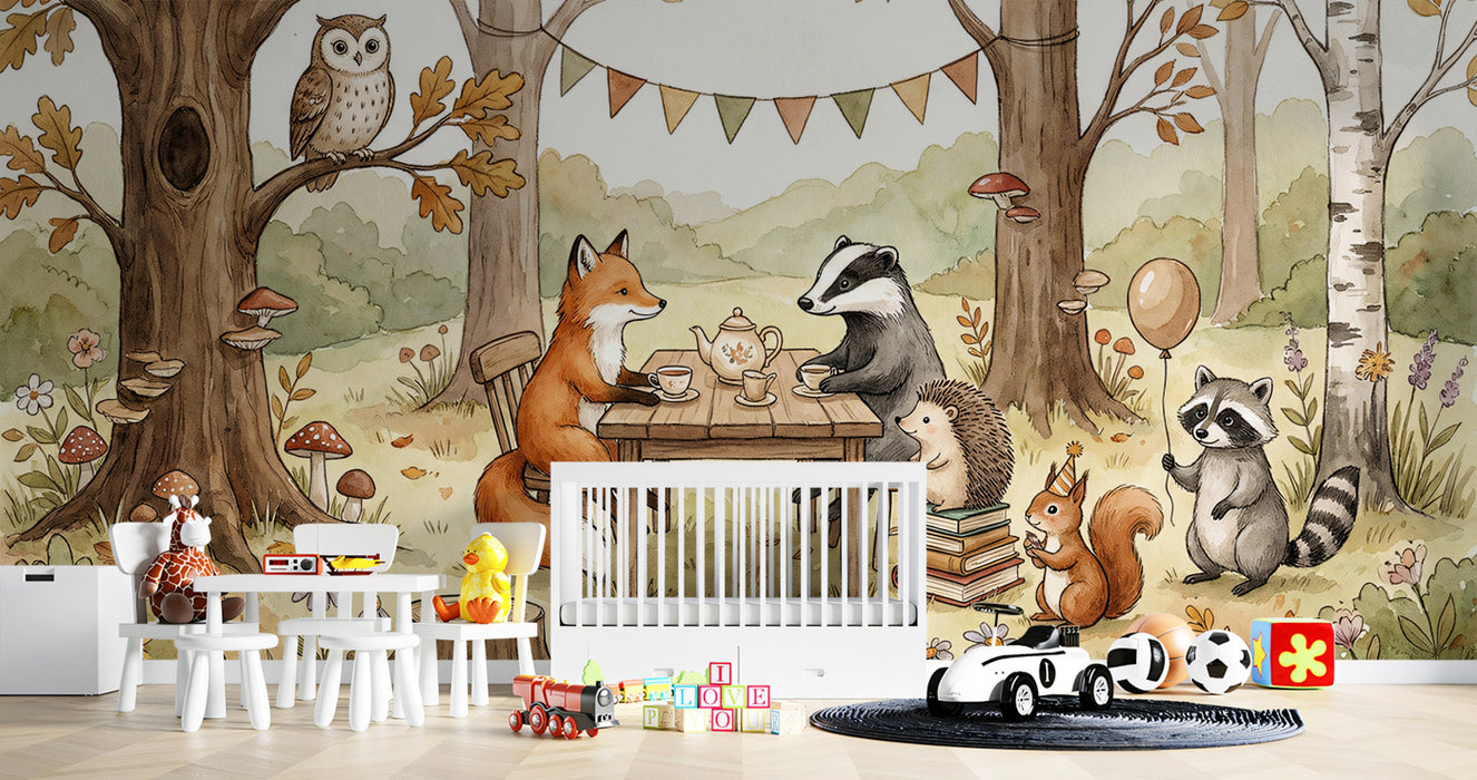 Whimsical Forest Animal Tea Party Mural Wallpaper | Watercolor Woodland Kingdom, Fox and Badger Illustration