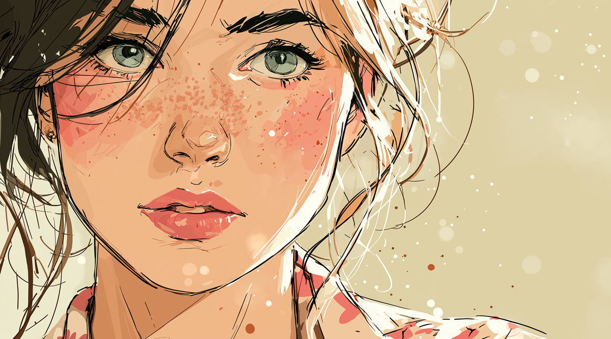 Soft Glow Freckled Beauty Illustration Mural Wallpaper | Dreamy Watercolor Portrait, Warm Pastel Tones