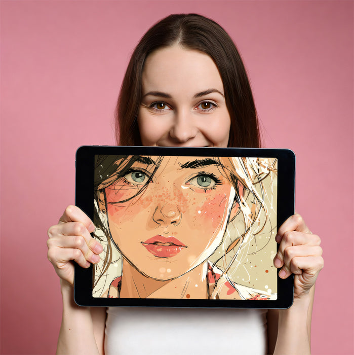 Soft Glow Freckled Beauty Illustration Mural Wallpaper | Dreamy Watercolor Portrait, Warm Pastel Tones