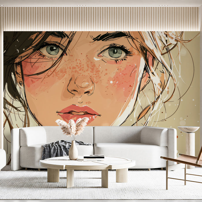 Soft Glow Freckled Beauty Illustration Mural Wallpaper | Dreamy Watercolor Portrait, Warm Pastel Tones