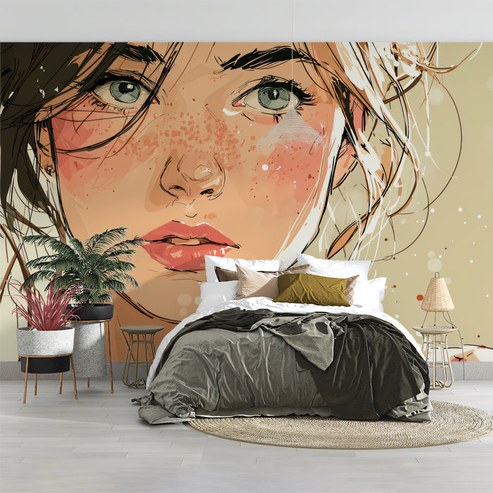Soft Glow Freckled Beauty Illustration Mural Wallpaper | Dreamy Watercolor Portrait, Warm Pastel Tones