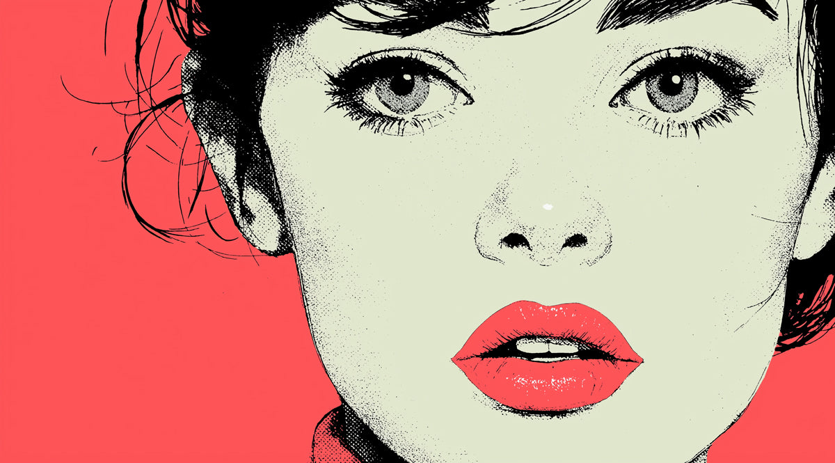 Bold Pop Art Halftone Woman Portrait Mural Wallpaper | Hot Pink Backdrop, Vibrant Cyan Lips