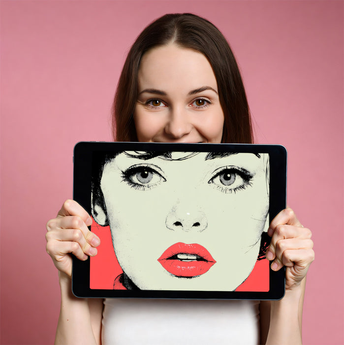 Bold Pop Art Halftone Woman Portrait Mural Wallpaper | Hot Pink Backdrop, Vibrant Cyan Lips