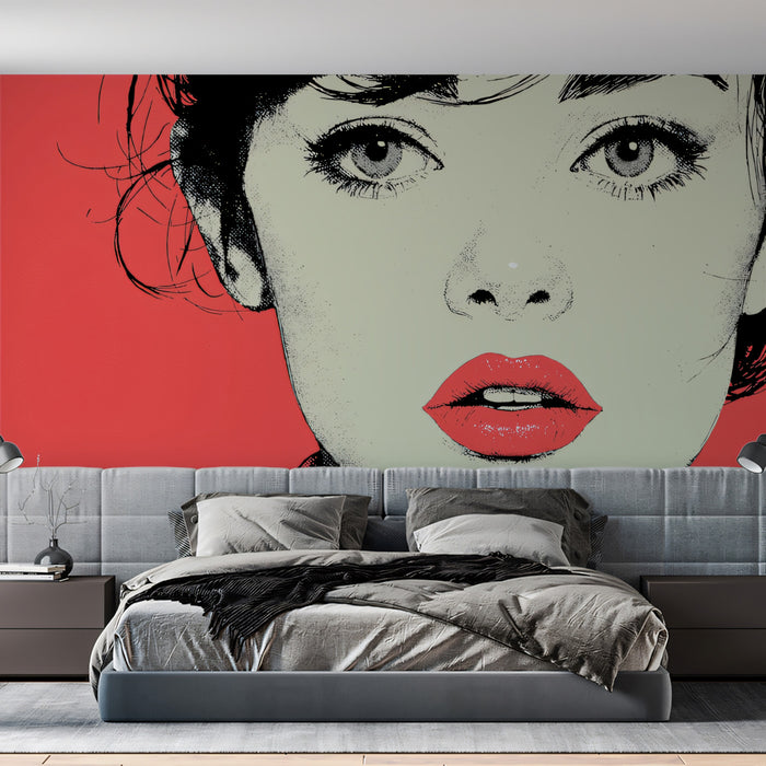 Bold Pop Art Halftone Woman Portrait Mural Wallpaper | Hot Pink Backdrop, Vibrant Cyan Lips