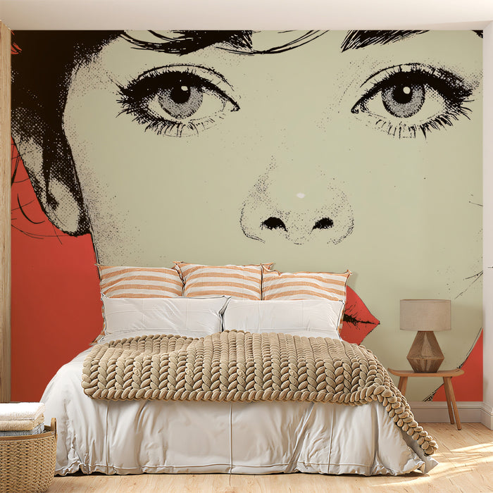 Bold Pop Art Halftone Woman Portrait Mural Wallpaper | Hot Pink Backdrop, Vibrant Cyan Lips