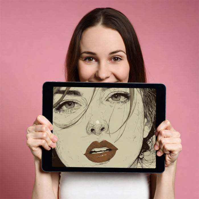 Expressive Pencil Sketch Woman Portrait Mural Wallpaper | Olive Sepia Tones, Detailed Graphite Texture