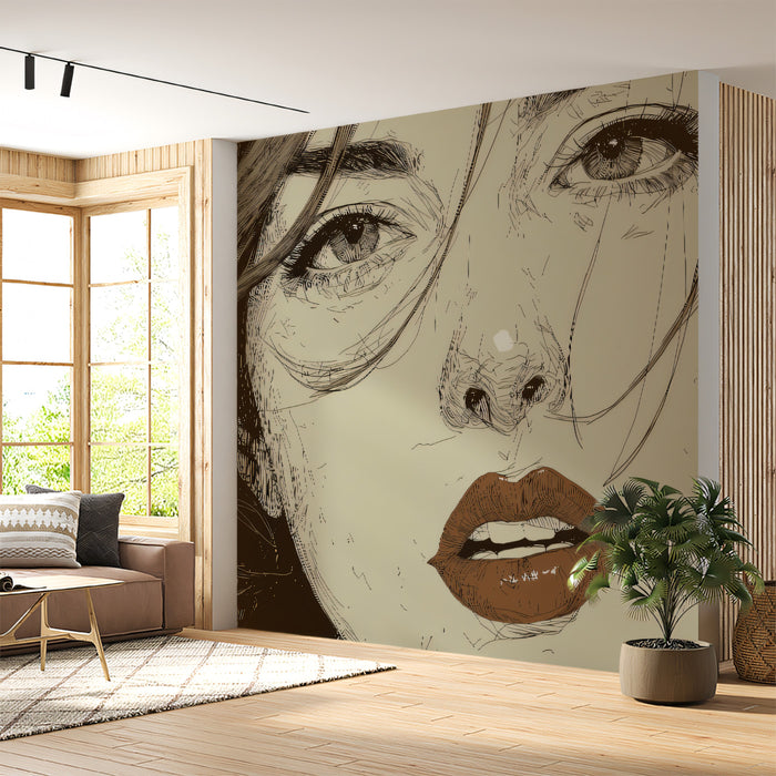 Expressive Pencil Sketch Woman Portrait Mural Wallpaper | Olive Sepia Tones, Detailed Graphite Texture