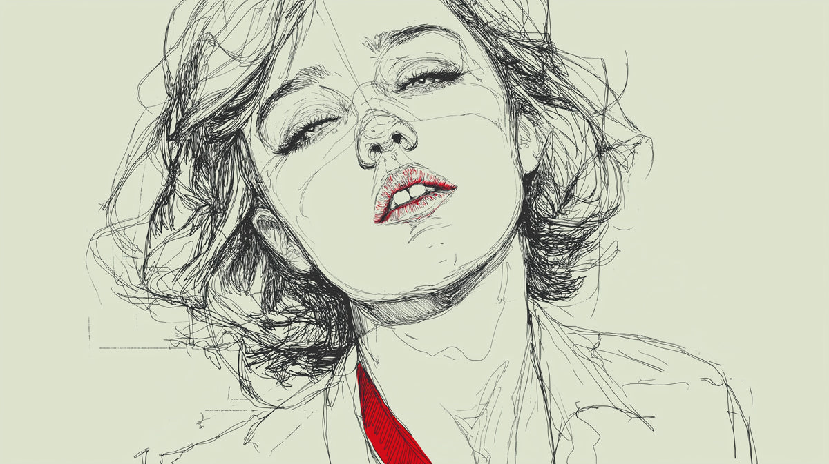 Avant-Garde Minimalist Female Portrait Mural Wallpaper | Raw Pencil Linework, Red Fashion Accent